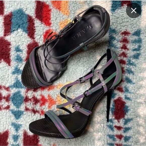 L.A.M.B. Black and Gray Stiletto Heels with Strappy Design - Picture 3 of 10